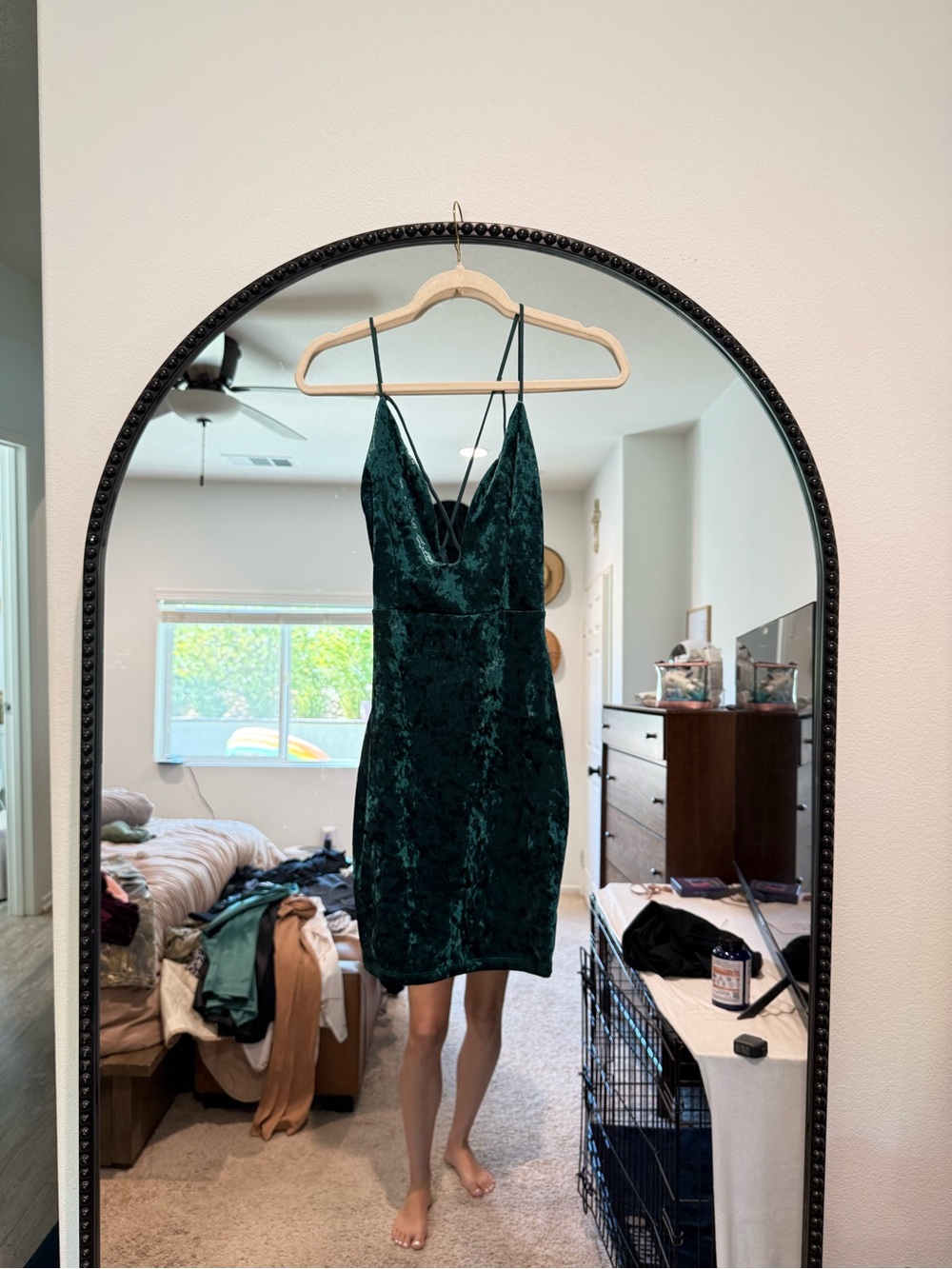 Green Velvet Slip Mini Dress with Spaghetti Straps